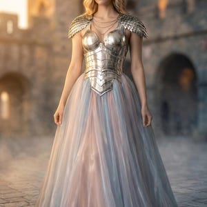 May include: A silver metal bodice and shoulder armor over a pastel-colored gown. The dress has a layered, flowing skirt in shades of pink, blue, and gray. The background features a stone building.
