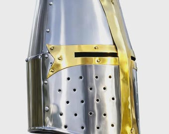 Handmade Steel Helm | Brass Crusader Knight Helmet, LARP