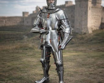 Men's Medieval Knight Full Plate Armor Suit | Polished Steel Reenactment Costume