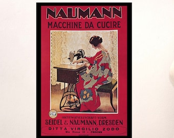 1900s Seidel and Naumann Sewing Machine Advertisement, Macchine da Cucire, Large format Poster or Print of Woman Sewing, Circa 1920s, German
