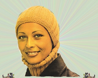 1960s Knitting Pattern for a Knitted Cap and Cowl, Knitted Hat and Cowl with Ribbing, Vintage Knitting Pattern for Digital Download