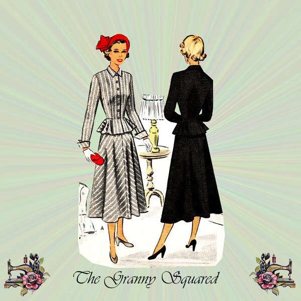 années 1940 deux pièces robe, haut Peplum a boutonnée sur le devant, manches à revers, jupe a fermeture sur le côté, Junior taille 15, McCall couture patron 7452