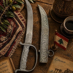 May include: An ornate, silver dagger with a curved blade and detailed handle, next to its matching sheath. The scene includes a small Lebanese flag, a vintage postcard, a cup of coffee, and a decorative teapot, all arranged on a wooden surface.