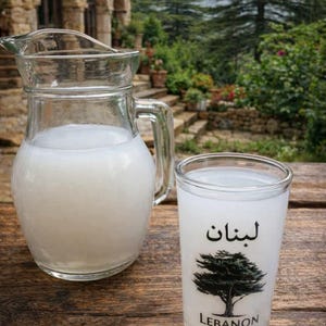 May include: A clear glass pitcher and a glass of white liquid sit on a wooden table. The glass has the word "Lebanon" and a tree graphic. The background includes a stone building and lush greenery.