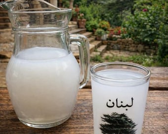 Traditional Lebanese Arak Set (Glass Pitcher & Cup) - Lebanese Arak Drinkware + Arak Cup with a Cedar on it