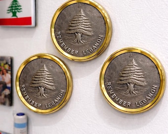 3 Pieces of "Remember Lebanon" Cedar Tree Fridge Metal Magnet - Lebanese Souvenir Coin Magnet