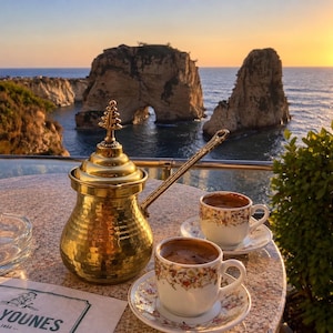 May include: A polished brass coffee pot with a long handle and a decorative lid, accompanied by two white ceramic cups featuring intricate floral patterns, each resting on a matching saucer, placed on a speckled stone table surface.