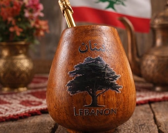 Lebanese Mate Gourd with Free Metal Straw, Cedar Print Design – Traditional Yerba Mate Cup, No US Tariffs