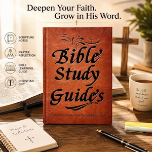 May include: A brown leather-textured Bible study guide book with black text reading "Bible Study Guide" and "A Guide to Deepen Your Faith and Knowledge." The cover features decorative flourishes and a small cross icon above the title.