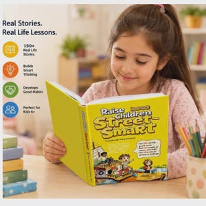 May include: A yellow book titled Raise Children Street-Smart with an illustration of children on a boat. The cover features text including Real Stories, Real Life Lessons, 150+ Real Life Stories, Builds Smart Thinking, Develops Good Habits, and Kids 6+.