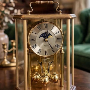 Può includere: Un orologio da tavolo con cornice in ottone, teca in vetro, maniglia superiore e base in legno. Il quadrante circolare presenta numeri romani, lancette nere e un indicatore delle fasi lunari con cielo stellato. Un pendolo dorato a tre sfere pende sotto il quadrante.