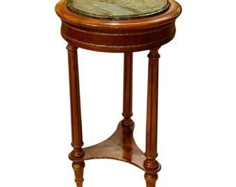 Mesa Gueridon francesa vintage estilo Luis XVI/Imperio - Tablero de mármol verde y detalles de latón