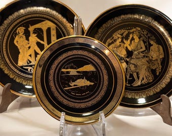Tris piatti decorativi vintage Grieks – Ceramica nera e Oro 24K
