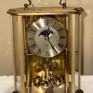 Vintage German Anniversary Clock with Moonphase - Royale Quartz 85 Torsion Clock - Moving Pendulum Glass Dome Clock