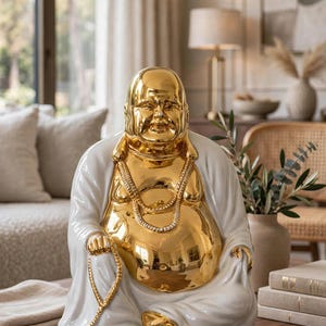 Vintage Italian Porcelain Laughing Buddha Figurine by Vittorio Sabadin | Capodimonte Style 24K Gold Gilded Sculpture | 26 cm (10.2 in)
