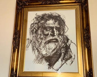 Pietro Annigoni Original-Lithografie „Abraham“, signiert | Limitierte Auflage 37/99 | Vintage-Goldrahmen