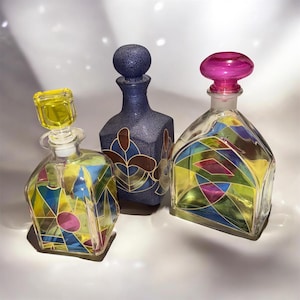 Tris Karaf Luigi Bormioli Anni 70 | Bottiglie Vetro Mozaïeko Art Deco | Stel Vetrate Colorate Vintage Italiaans Design in