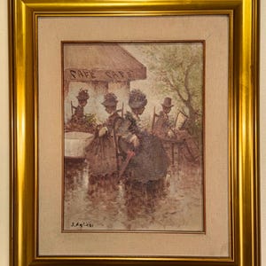 Original Oil Painting French Cafe Scene - Signed S. Faliero - Belle Époque Impressionist Style with Gold Leaf Frame