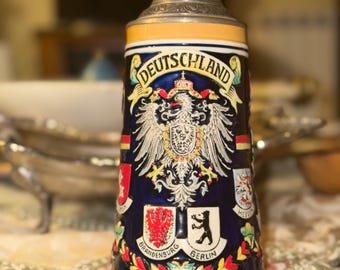 Boccale da Birra Tedesco Vintage GERZ, Stein in Ceramica Deutschland mit Stemmi, Coperchio in Peltro 95% Zinn, Collezionismo e Regalo Uomo