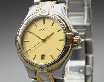 Vintage GUCCI 9040M 35mm Ivory Gold Quartz Men's Watch From JAPAN [Near MINT]