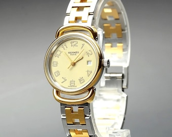 Vintage HERMES Pullman 24mm Ivory Dial Gold Date Quartz Women's Watch [Near MINT]