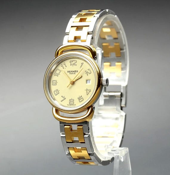 Vintage HERMES Pullman 24mm Ivory Dial Gold Date Quartz  display picture 1