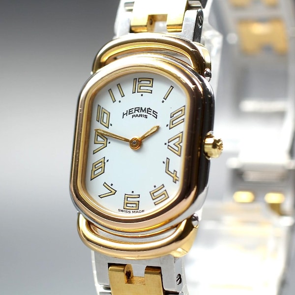 Near MINT Vintage HERMES Rally 20mm White Dial Gold Quartz Women's Watch From JAPAN