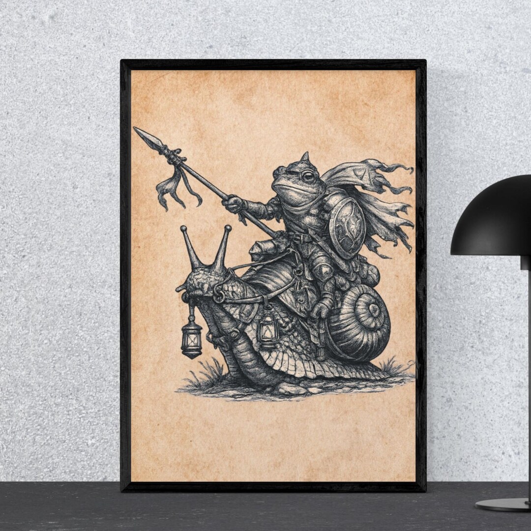 Frog Knight Printable Wall Art, Medieval Fantasy Art Print, Snail Rider ...