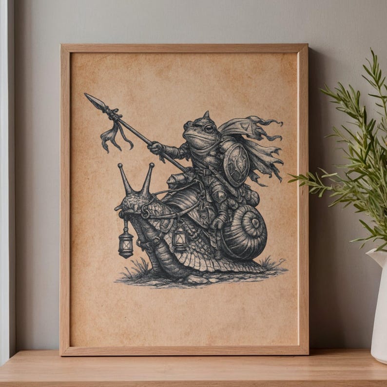 Frog Knight Printable Wall Art, Medieval Fantasy Art Print, Snail Rider ...