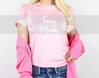 Pink Bella Canvas 3001 Tshirt Mockup, Model Mock up, Pink Shirt Mock up, Sweater Fall Mockup Pink T-Shirt Mockup Women's Pink Tshirt Mock up