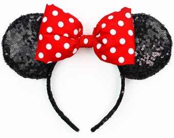 Disney Parks Minnie Mouse Large Polka Red Bow Sequin Ears Headband