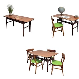 May include: A collection of mid-century modern furniture, including a rectangular coffee table, a desk with a globe, and a dining table with four chairs. The tables are brown, and the chairs have green cushions.