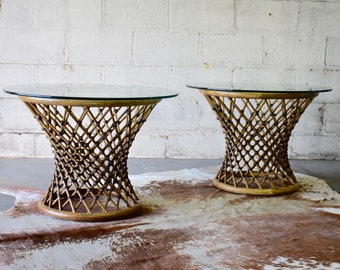 Mid Century Modern RATTAN + GLASS End TABLES / Side Tables, a Pair