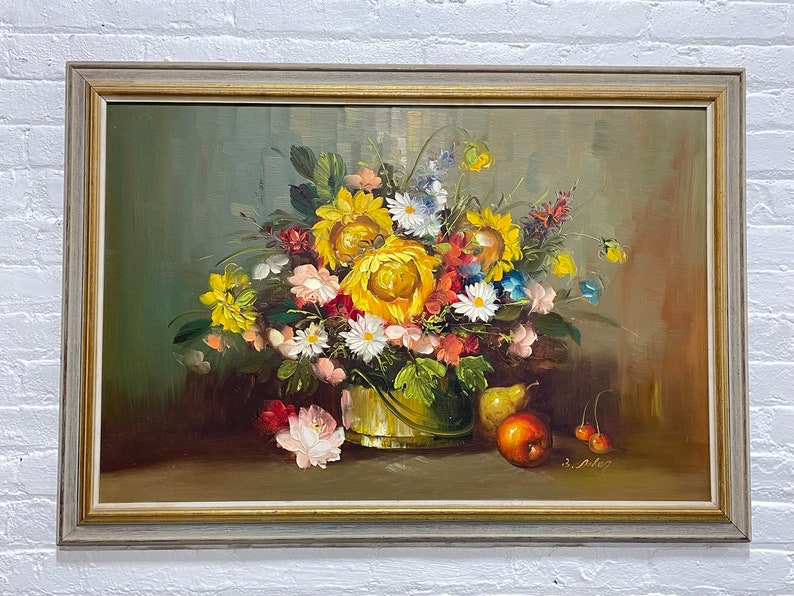 FRAMED Still Life Oil Painting Bright Flowers ARTWORK Wall Hanging, c. 1960 image 1