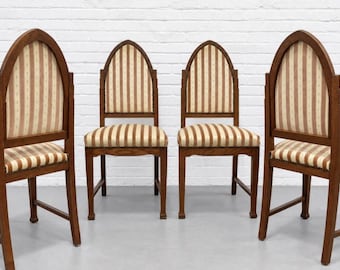 Set of Four - Amsterdam School Art Deco Oak Dining Chairs, Netherlands, c. 1930s