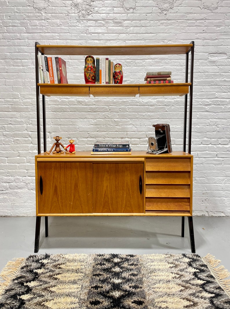 Mid Century MODERN Teak Danish Free Standing Bookcase Pull Out Desk / WALL UNIT image 3