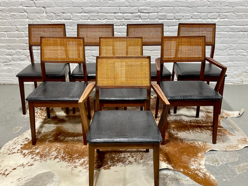WALNUT Mid Century Modern CANED Dining CHAIRS, Set of Eight image 2