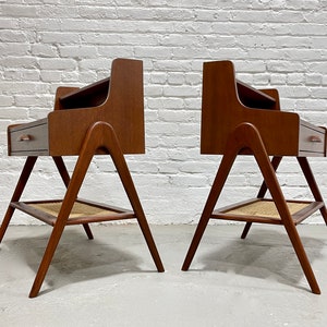 Pair of Mid Century MODERN Handcrafted Caned TEAK CABINETS / Entryway Tables