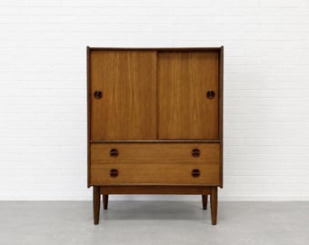 Mid Century Modern Teak Cabinet / Danish Modern Armoire / Sliding Door Highboy Dresser / Vintage Scandinavian Storage Cabinet, c. 1960’s