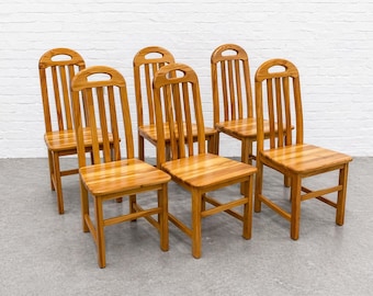 Vintage Solid Wood Slat Back Dining Chairs, Set of 6 – Scandinavian Minimalist Chairs, Light Oak Wood, Modern Farmhouse Seating