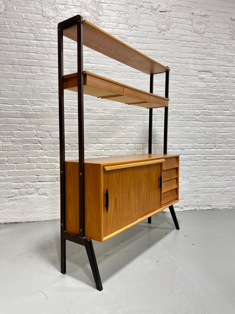 Mid Century MODERN Teak Danish Free Standing Bookcase Pull Out Desk / WALL UNIT image 4