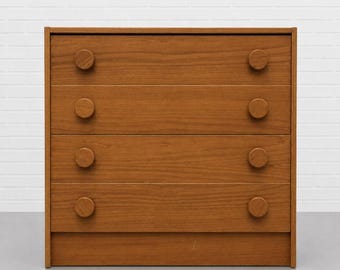 Mid Century Modern Teak Dresser | Danish Modern Chest of Drawers | Vintage Teak Nightstand with Sculptural Pulls. c. 1960’s