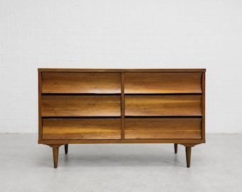 Mid Century Modern Walnut Lowboy Dresser | Sculpted Front 6 Drawer Credenza | Refinished Vintage MCM Bedroom Storage Cabinet, c. 1960’s