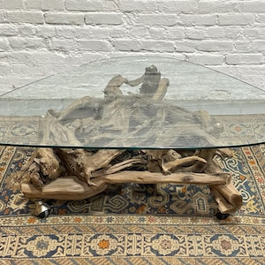 Mid Century Modern DRIFTWOOD + Glass COFFEE TABLE, c. 1970&#39;s