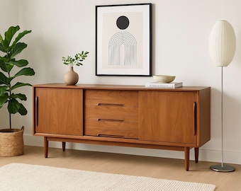 CLASSIC + Long Mid Century MODERN styled Danish CREDENZA | Teak Media Stand | Handmade Sideboard