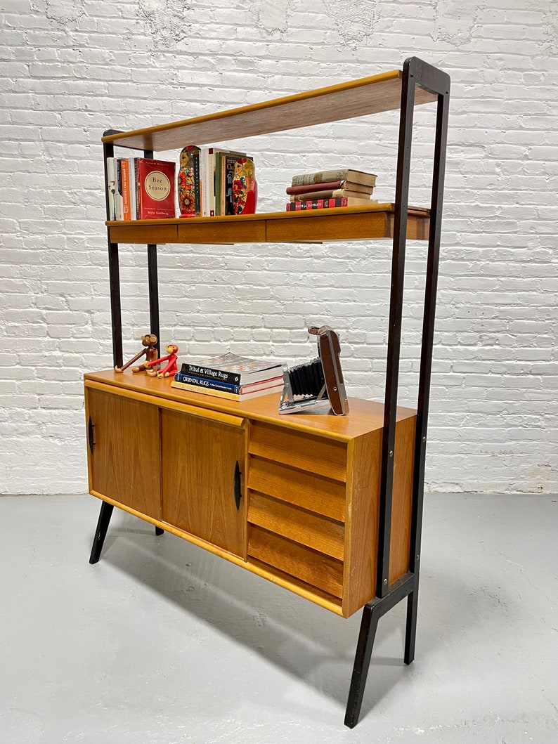 Mid Century MODERN Teak Danish Free Standing Bookcase Pull Out Desk / WALL UNIT image 2