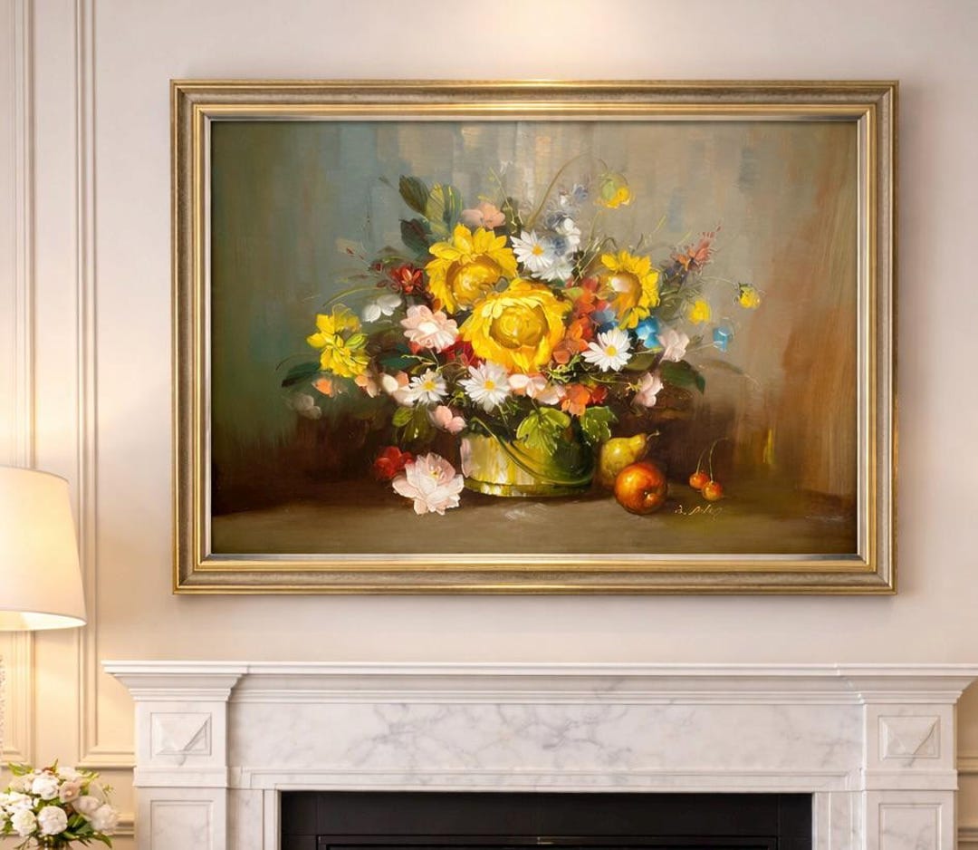 Vintage Floral Still Life Oil Painting in Frame | Elegant European ...
