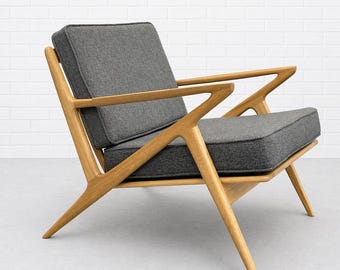 Handcrafted Mid Century Modern styled OAK LOUNGE CHAIR | Granite Gray or Pearl White Upholstery