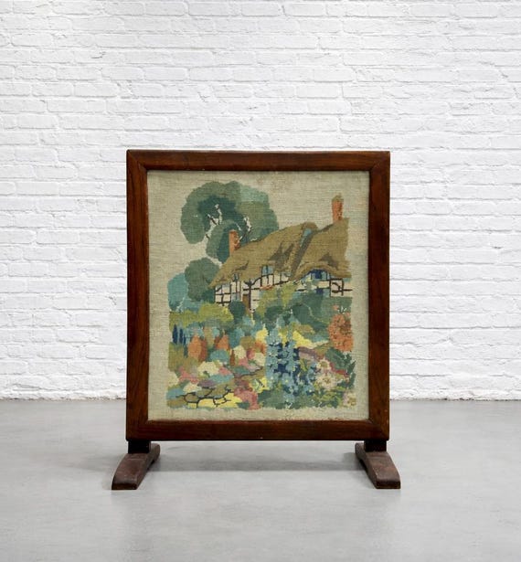 Antique Needlepoint Fire Screen With Cottage Garden Scene, Wood