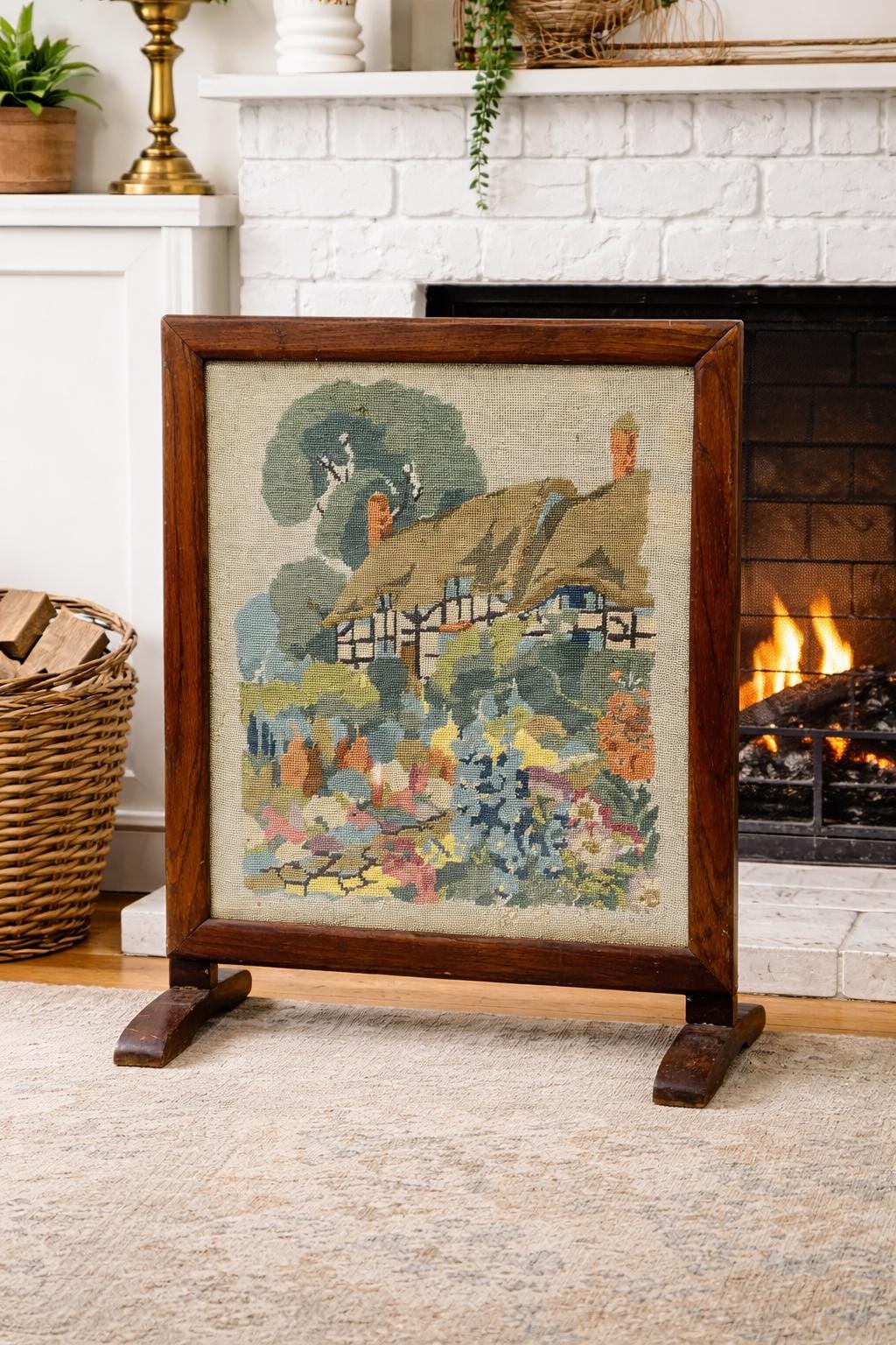 Antique Needlepoint Fire Screen With Cottage Garden Scene, Wood